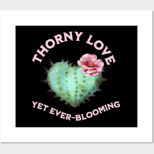 The Beauty of Thorny Love Blooming, love, cactus, heart, pink flower, nature, art, unique design, thorny beauty, strong feelings, romantic gift, expression of love, botanical art, resilience Posters and Art